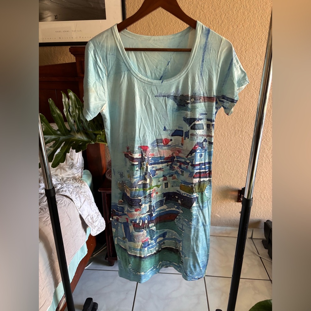 Abstract Print Blue T-Shirt Dress
